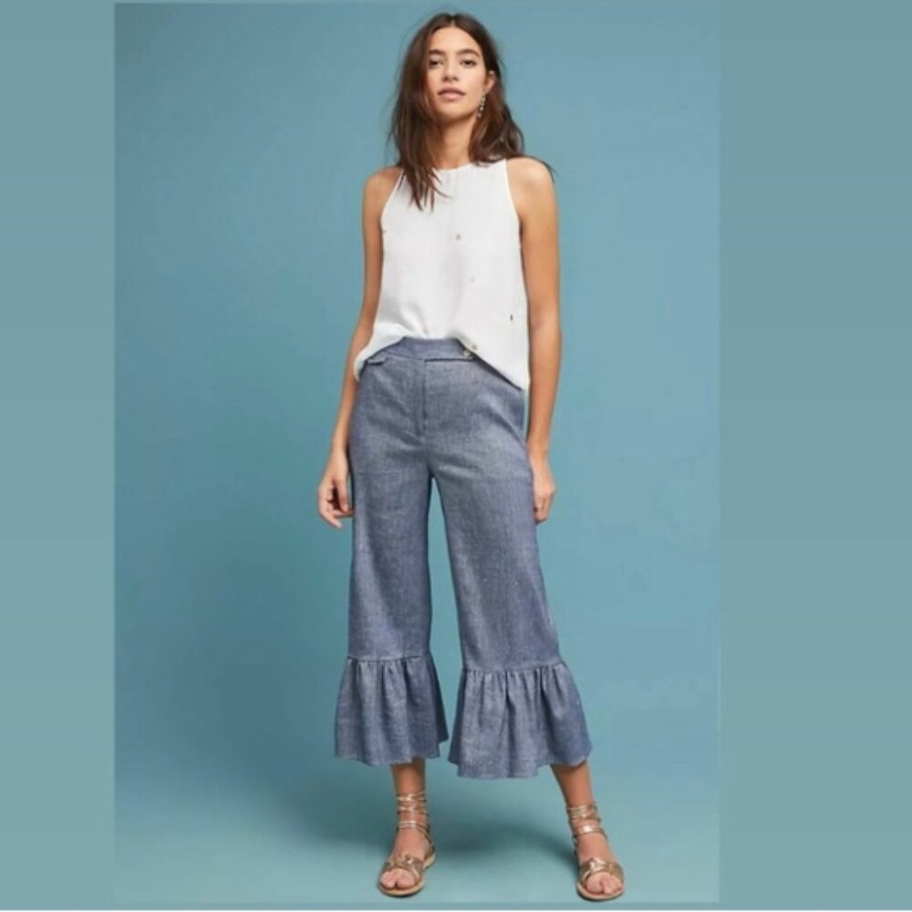 Ett.twa Anthropologie Chambray Ruffle Flare Pants Size 10